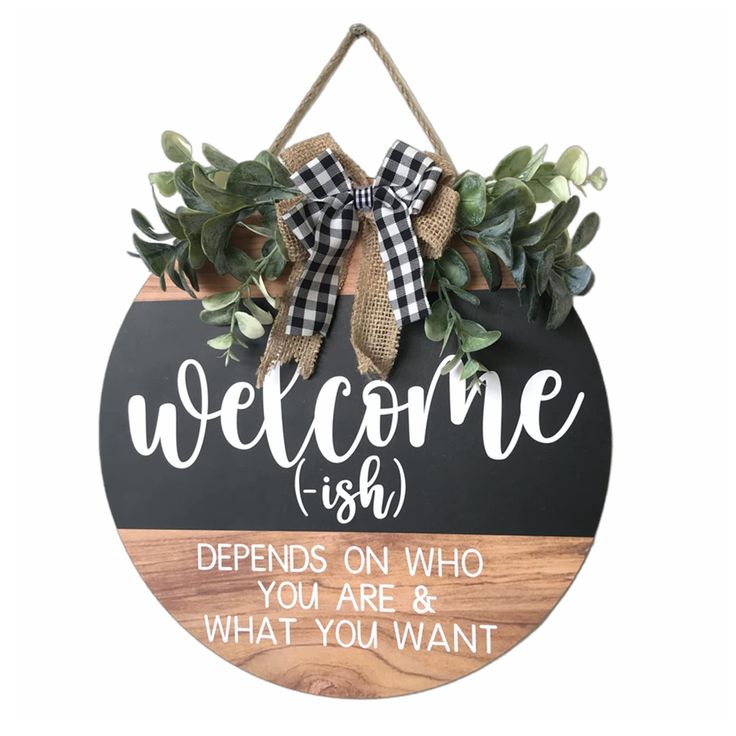 a welcome sign hanging on the side of a wooden plaque that says,'welcome fish defends on who you are and what you want to do