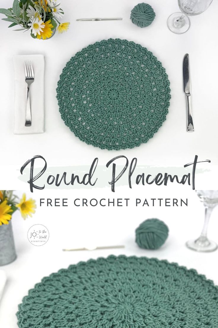 the crochet round placemat is shown with flowers and silverware on it