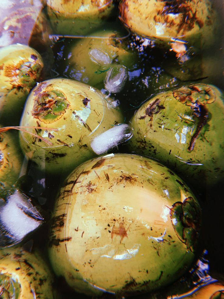 some green fruit that have been washed and stained with brown stuff on them, sitting in the water