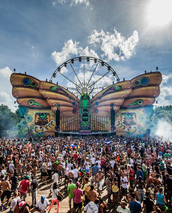 a large group of people standing in front of a giant butterfly