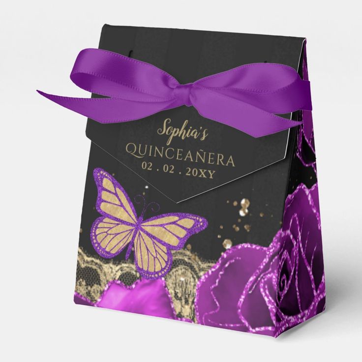 a purple and black bag with a butterfly on the front that says, sophia's quinicanera