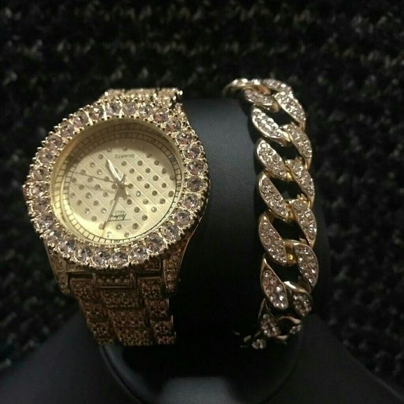 14k Gold Plated Iced Out Diamonds Simulated Watch Bracelet Combo. Brand New Fully Iced Out Fully Iced Out Hip Hop Celebrities Style Watch Bracelet... Iced Out Yellow Gold Bracelet, Timeless Iced Out Jewelry For Anniversary, Wedding Jewelry In Yellow Gold With Diamond Hour Markers, Elegant Iced Out Diamond Watch For Party, Elegant Iced Out Jewelry And Watches For Anniversary, Elegant Iced Out White Gold Jewelry And Watches, Elegant Iced Out White Gold Jewelry, Gold Jewelry And Watches With Bling For Gift, Gold Jewelry And Watches As Gift