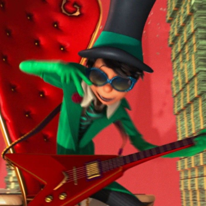 the animated character is holding a guitar in front of a red chair with a green top hat