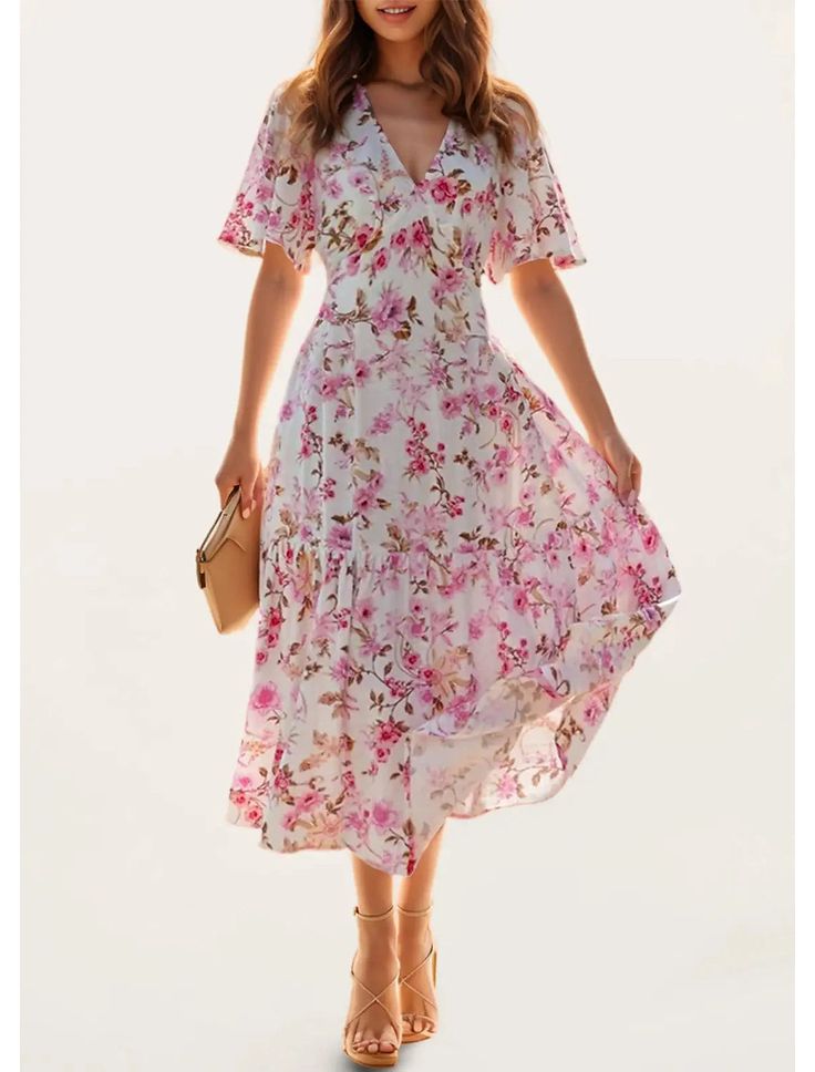 Chiffon Midi Dress Floral Prints, Fitted A-line Floral Dress For Wedding, Floral Print A-line Wedding Midi Dress, Feminine V-neck Wedding Dress, White Fitted Chiffon Floral Dress, Feminine V-neck Maxi Dress For Wedding, Floral Print A-line Maxi Dress For Wedding, Floral Print V-neck Wedding Dress, Summer Wedding Fitted Floral Dress