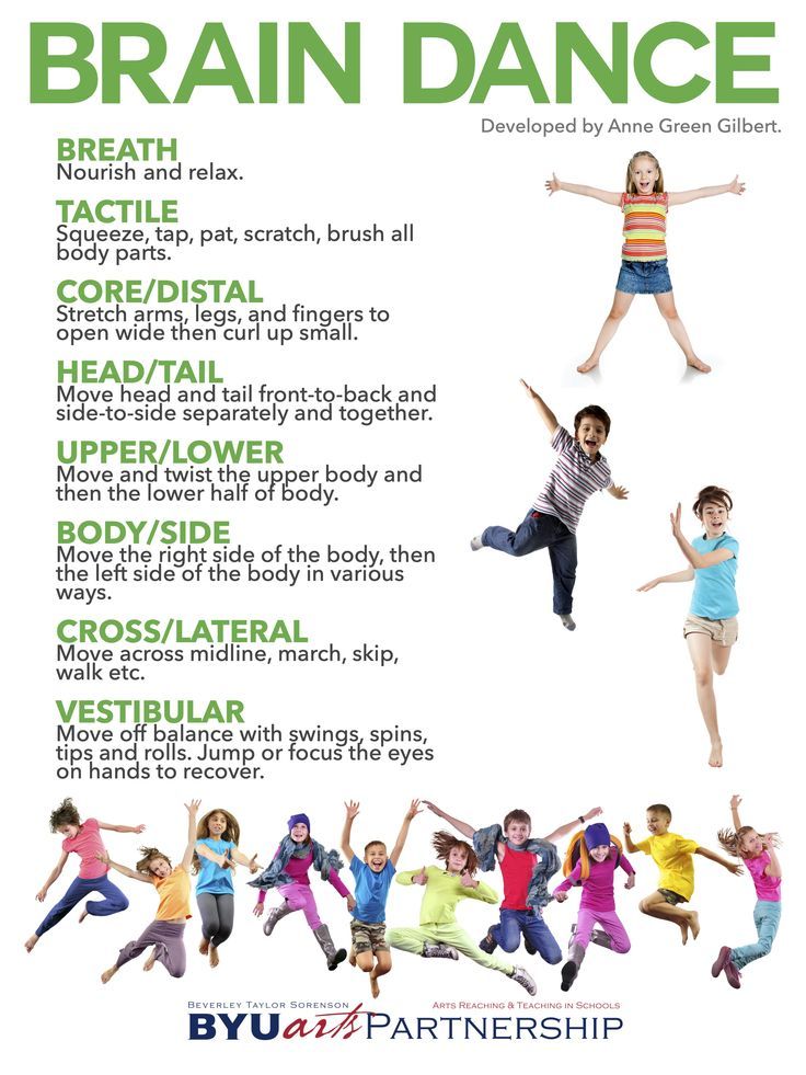 a poster with the words brain dance and pictures of children doing different things in it