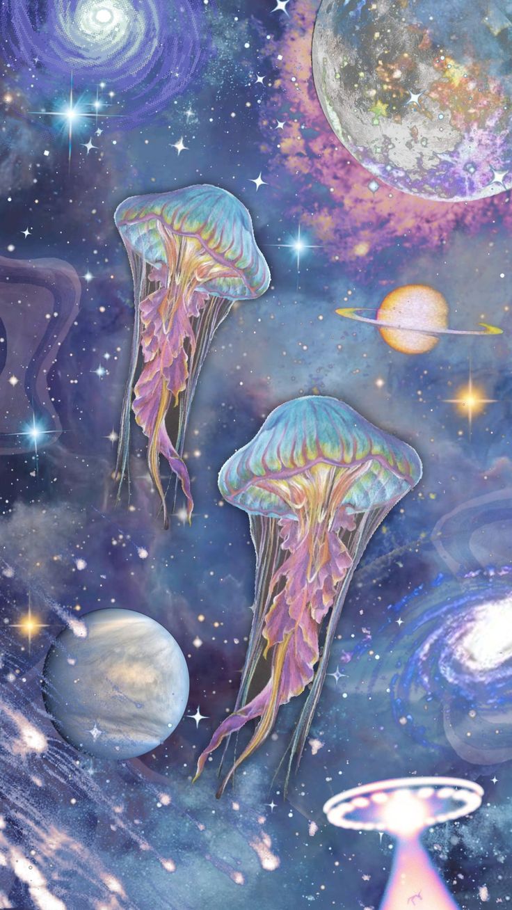 two jellyfishs floating in the ocean surrounded by planets and stars, with an alien like background