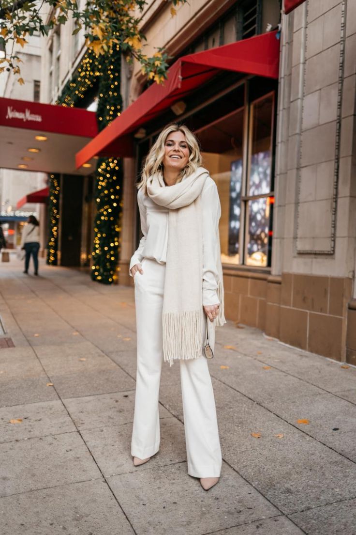 MUSE MONDAY // WINTER WHITE White On White Outfit Winter, Winter White Wool Pants, Winter White Holiday Party Outfit, White Winter Outfits For Women, Winter White Outfits For Women Dressy, All White Womens Outfits, Winter White Pants Outfit Dressy, White Party Outfit Winter, White Pants Outfit Winter Classy