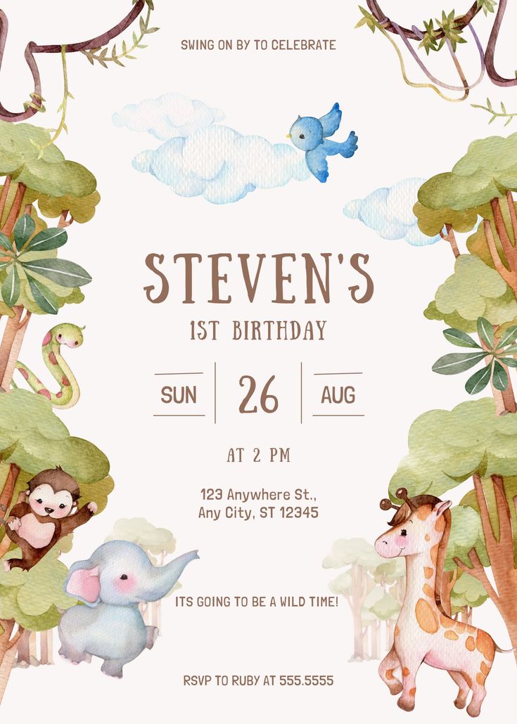 a poster with animals and trees on it for a children's birthday party or baby shower