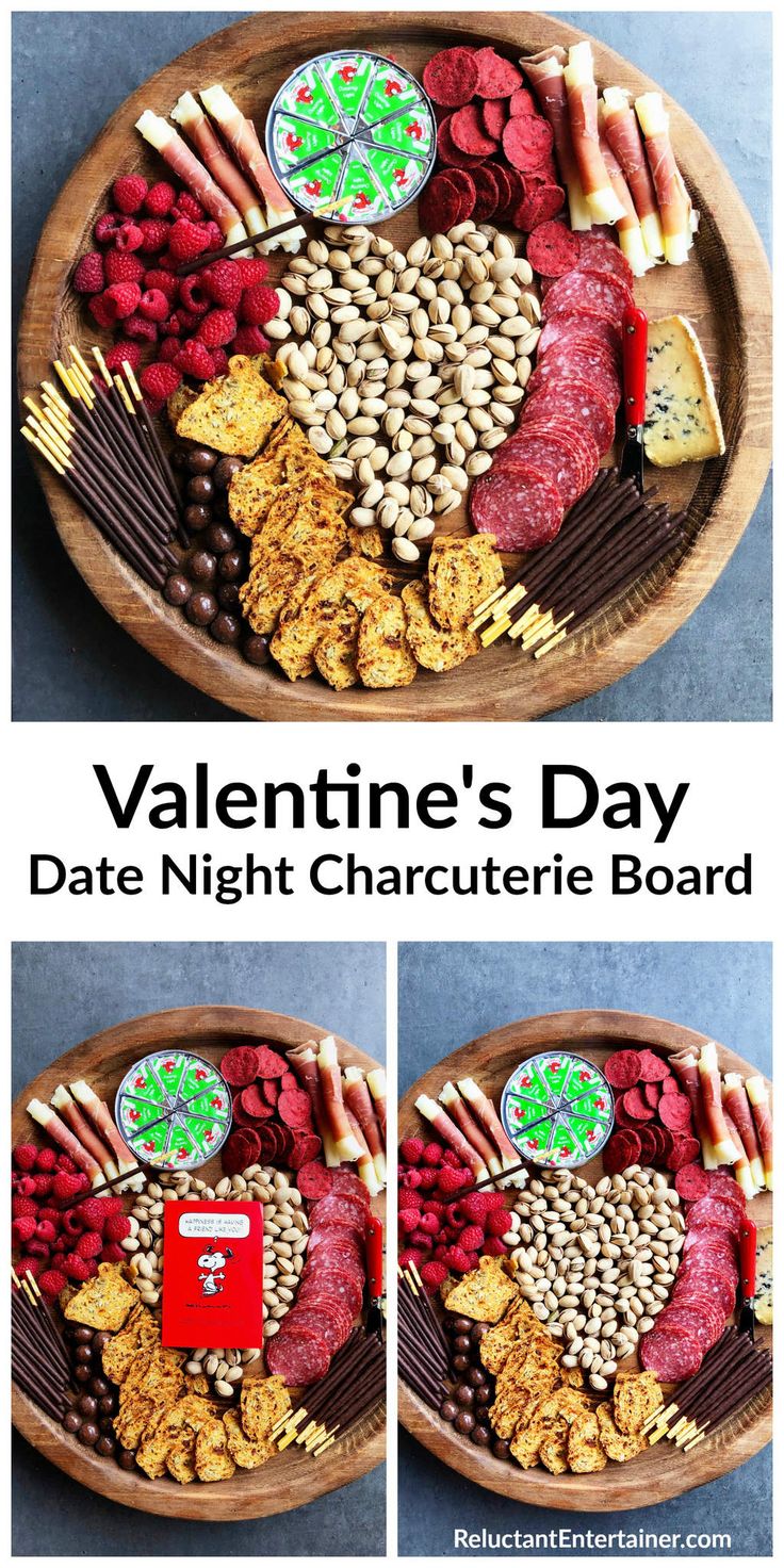 valentine's day date night charcuter board is shown in three different pictures