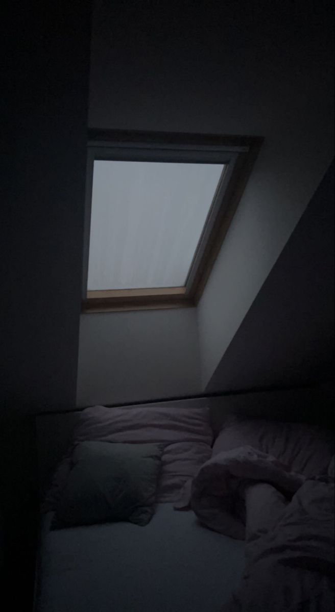 a bed sitting under a skylight in a room with a slanted roof top