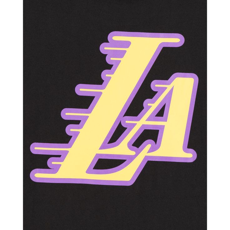 the los angeles lakers logo is shown on a black shirt with yellow and purple stripes