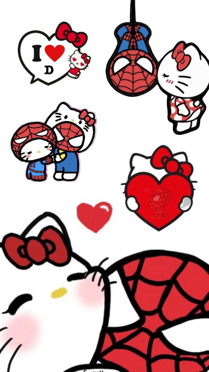 hello kitty and spiderman stickers on a white background with the caption i love you