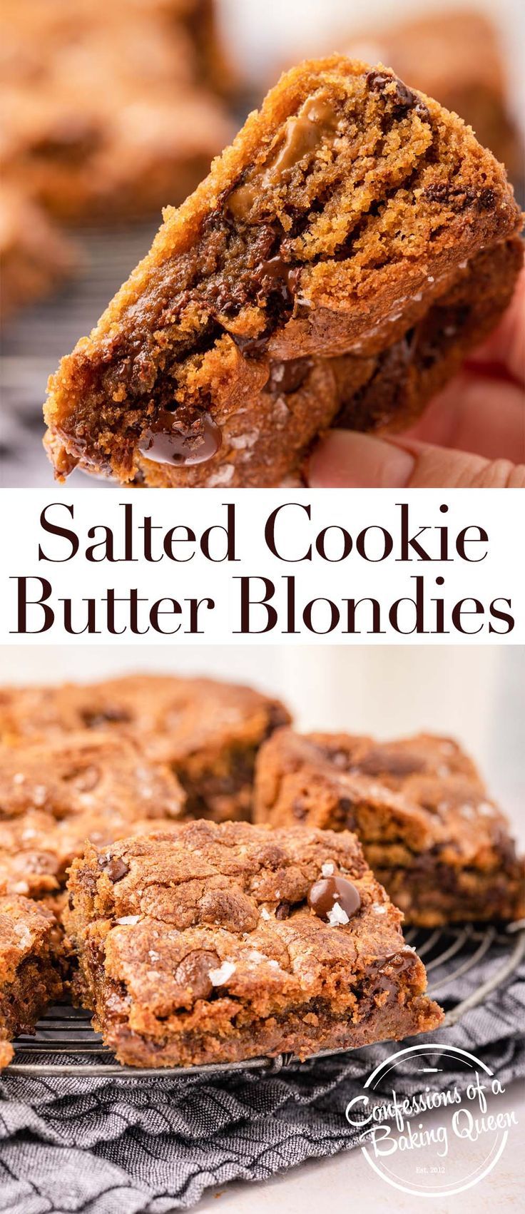 salted cookie butter blondies on a cooling rack with text overlay that reads salted cookie butter blondies