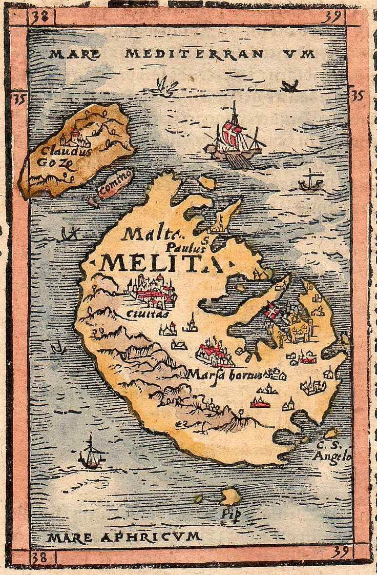 an old map shows the island of melfita and its surrounding coastline, with ships in the distance