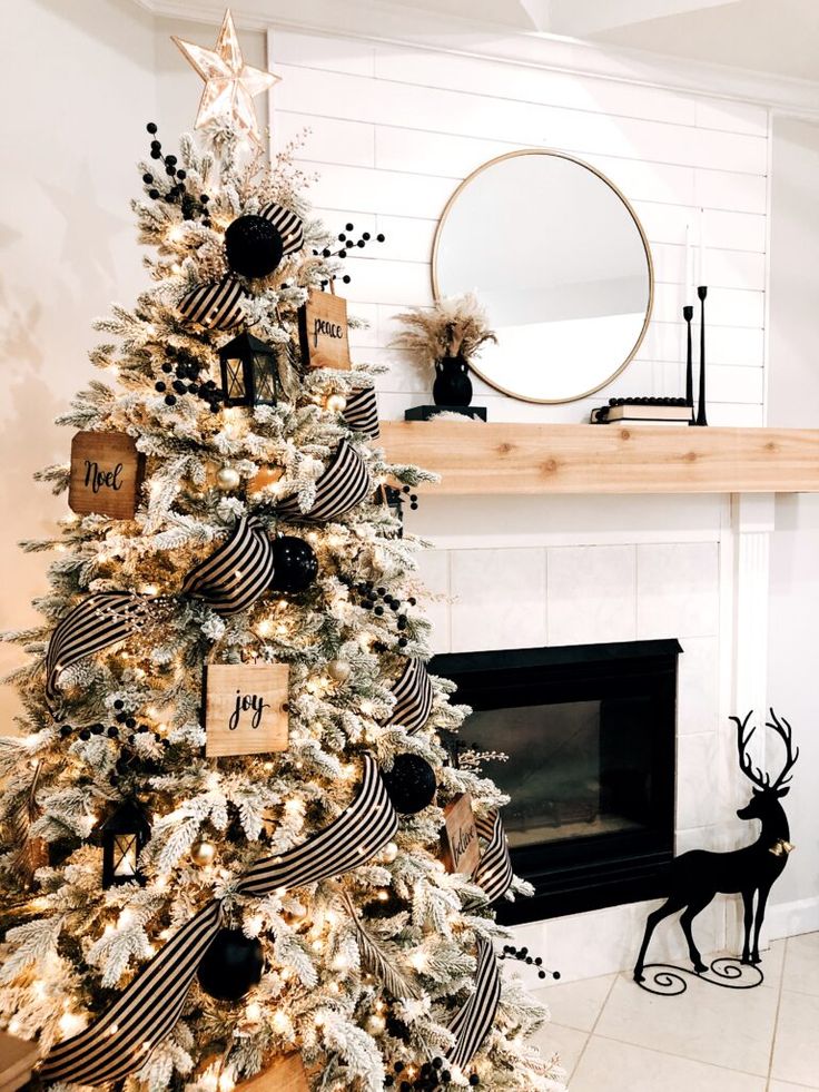 a decorated christmas tree in front of a fireplace