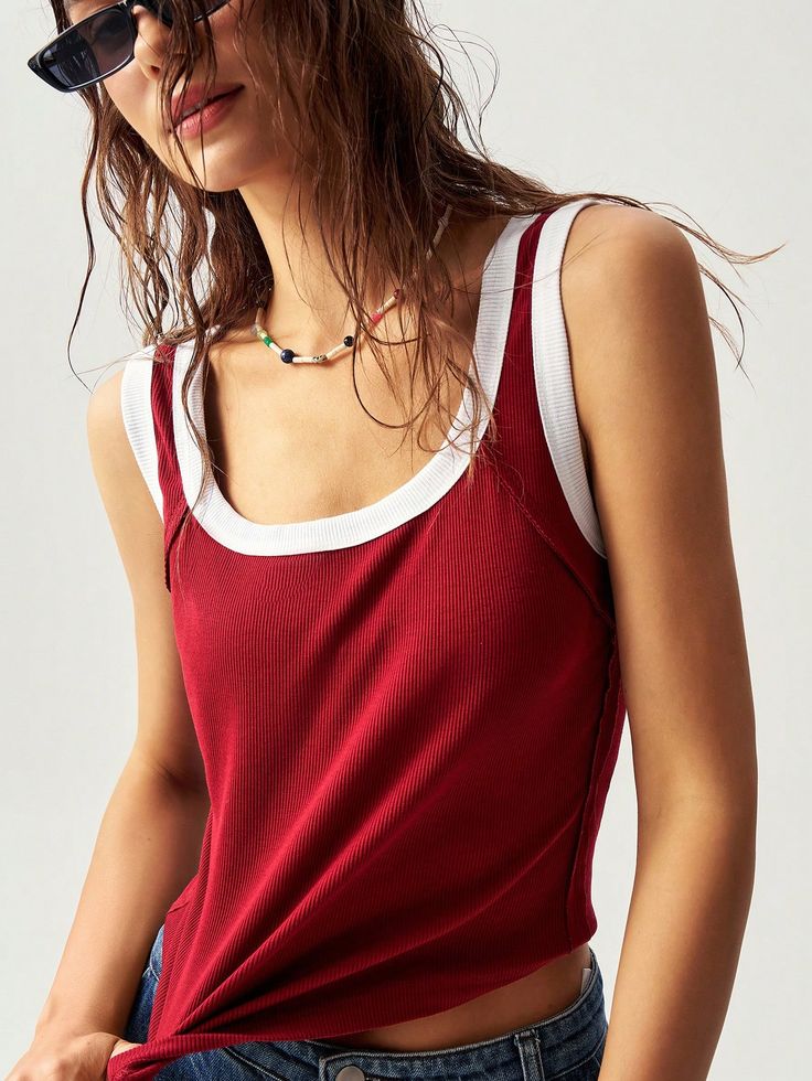 Red and White Casual Collar  Knitted Fabric Colorblock Tank Embellished Medium Stretch  Women Clothing Trendy Red Sleeveless Tank Top, Red Trendy Tank Strap Tops, Red Ribbed Stretch Tank Top, Trendy Red Tops With Tank Straps, Trendy Red Tank Top, Red Stretch Ribbed Tank Top, Trendy Red Ribbed Tank Top, Trendy Red Camisole Tank Top, Fitted Sleeveless Color Block Top