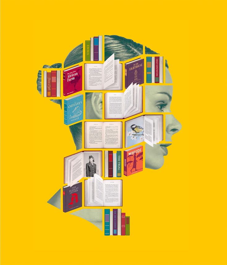 an advertisement for the book fair with books stacked on top of each other in front of a woman's head