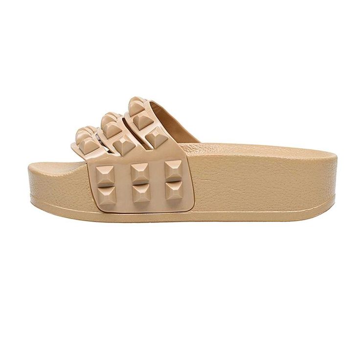 Beige Platform Slip-on Slippers, Beige Platform Slippers With Round Toe, Spring Beige Platform Slippers, Beige Platform Slip-on Sandals, Chic Summer Platform Slippers With Thick Bottom, Beige Synthetic Slides With Round Toe, Beige Slip-on Platform Sandals, Beige Round Toe Synthetic Slides, Trendy Beige Slip-on Wedge Sandals