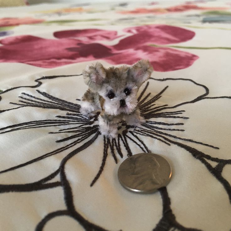 a small stuffed animal sitting on top of a bed next to a coin and flower print blanket