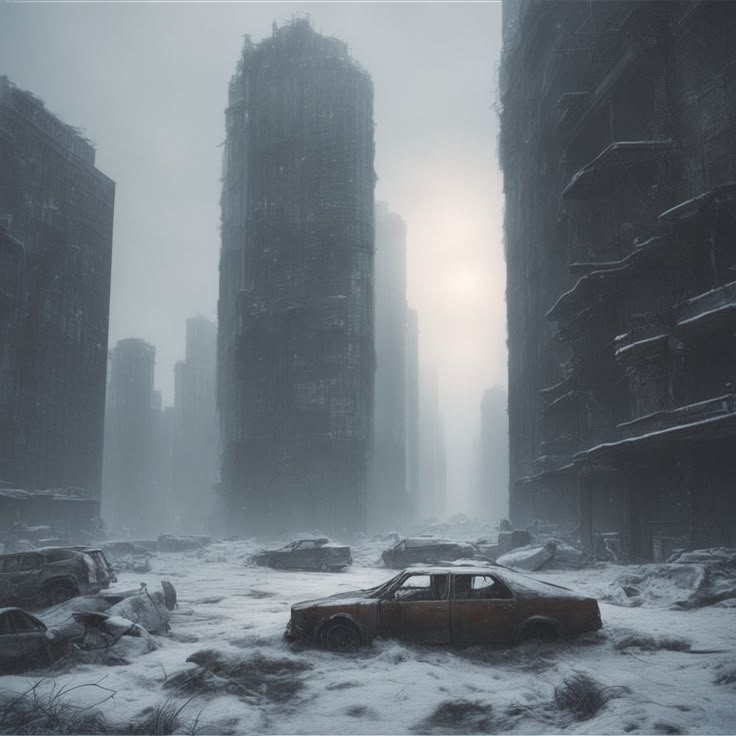 an old car is parked in the middle of a snow covered area with tall buildings