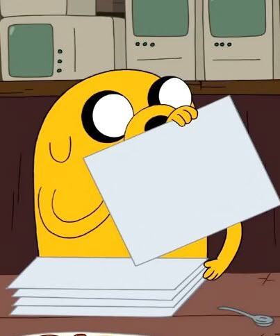 a cartoon character holding a piece of paper in front of a plate with food on it