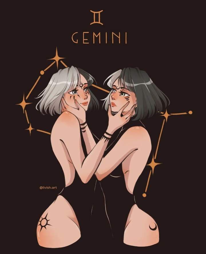 two women are touching each other in front of the zodiac sign, with stars above them