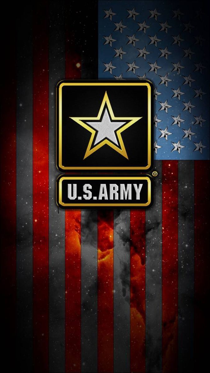 the u s army logo on an american flag wallpaper with stars and clouds in the background