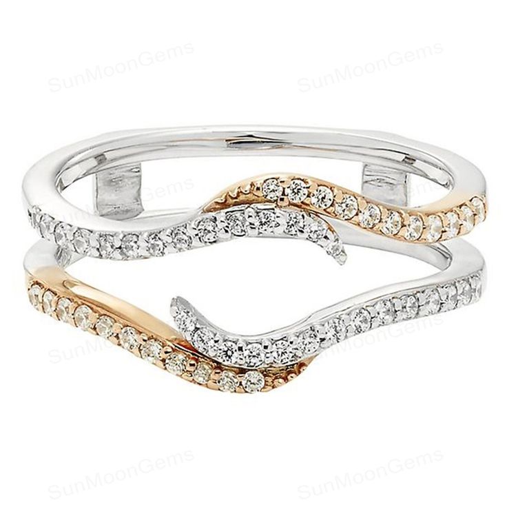 two tone gold and silver ring with white diamonds on each band, set in three different colors