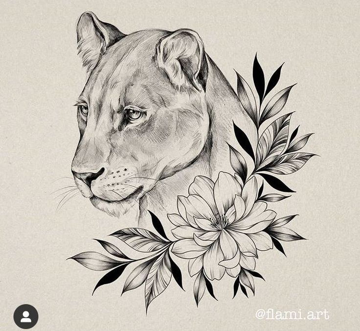 a pencil drawing of a lion with flowers on it's chest and head in the background