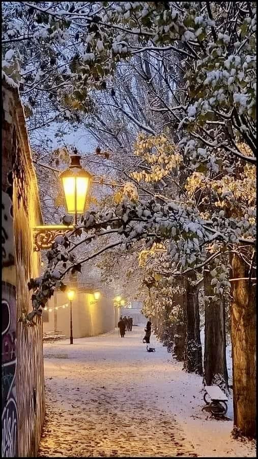 a snowy street with people walking down it and a lamp post in the distance on either side