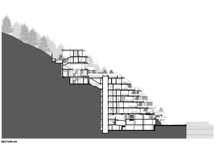 an architectural drawing of a building on top of a hill