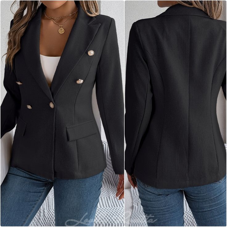 Elevate Your Wardrobe With This Timeless Long Sleeve Blazer Featuring A Chic Lapel Collar And Elegant Decorative Pocket Flaps. Perfect For Both Formal And Casual Wear, This Blazer Adds Sophistication To Any Outfit. Body: Not Lined Material Composition: 95% Polyester, 5% Elastane Ships Within 7 To 10 Days This Item Size Conversion Chart: Sizes Are In Letters. S - 2/4 M - 6 L - 8/10 Xl- 12 Shopping For: Fall Trendy Trending Athleisure Modest Party Attire Necklaces Tops Fedora Hat Winter Gypsy Flee Black Blazer With Button Closure For Office, Black Career Blazer With Double Button Closure, Black Office Blazer With Button Closure, Black Double-breasted Career Blazer, Double-breasted Black Career Blazer, Black Office Blazer With Double Button Closure, Black Office Blazer With Buttons, Black Blazer With Button Closure For Work, Black Blazer For Work With Button Closure