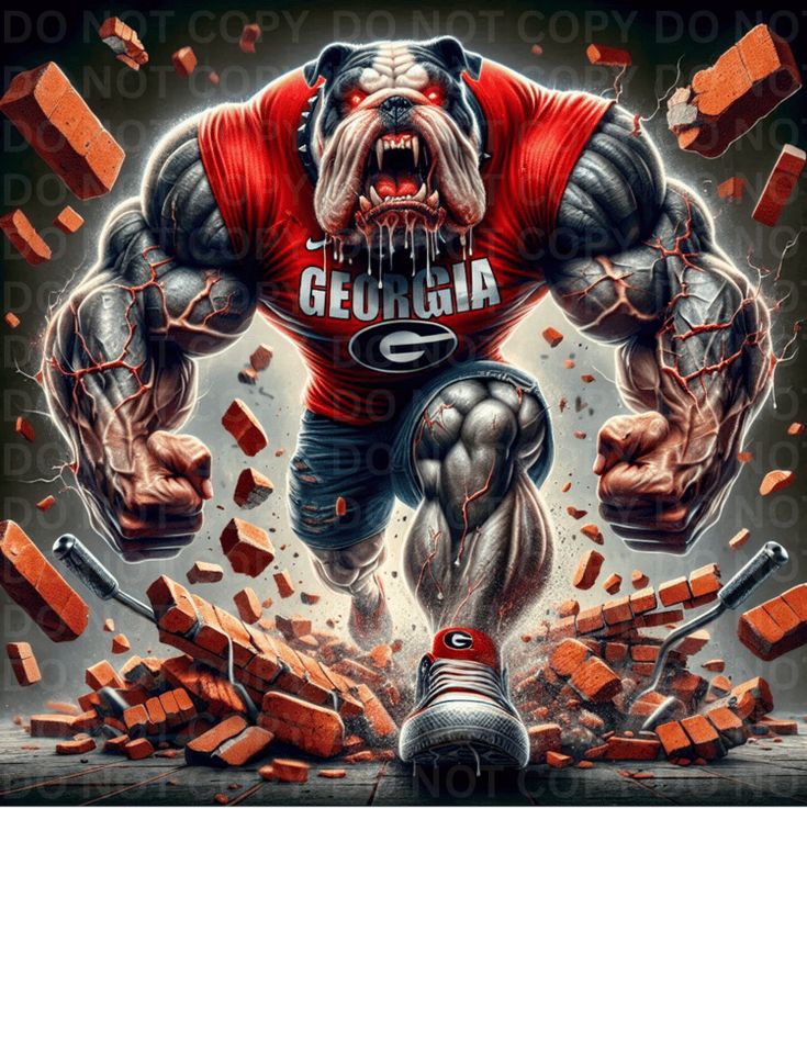 an image of a bulldog in the middle of a wall with bricks and hammers