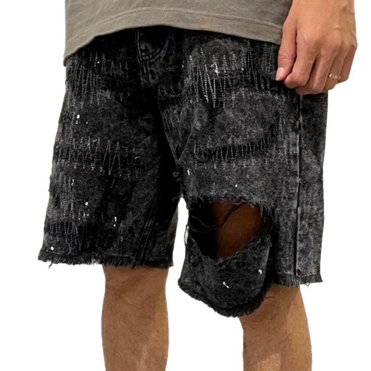 Make a statement with our 2023 Summer Collection Painted Baggy Damaged Denim Shorts. These shorts are patterned to reflect your free-spirited nature and unique sense of mode. Featuring a mid-rise design. they come with a zipper and button closure to ensure maximum comfort and convenience. Let their grunge-inspired ripped look and paint-splattered design take your summer wardrobe to the next level!Distinctive Features: Grunge-Inspired Torn Look: Step out of your comfort zone with these bold short Summer Distressed Shorts For Streetwear, Summer Streetwear Distressed Bottoms, Edgy Jean Shorts For Summer Festivals, Distressed Festival Shorts, Festival Distressed Short Bottoms, Edgy Jean Shorts For Spring Festival, Trendy Ripped Relaxed Fit Shorts, Trendy Ripped Shorts With Relaxed Fit, Trendy Relaxed Fit Ripped Shorts