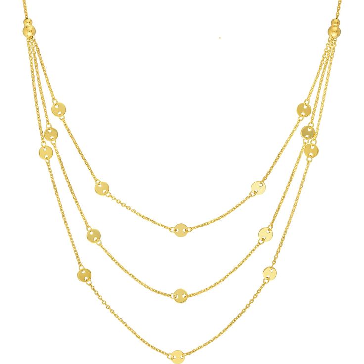 Olas d'Oro 18 Necklace - 14K Yellow Gold Triple Stranded Disc Station Bib Necklace Luxury Round Clavicle Chain Necklace, Luxury Clavicle Chain Necklace, Elegant Custom Round Necklace In 14k Gold, Elegant Yellow Gold Round Chain Necklace, Elegant Round Pendant Coin Necklace With Clavicle Chain, Dainty Yellow Gold Chain Necklace With 17 Jewels, Luxury Coin Necklace With Adjustable Chain, Luxury Round Delicate Chain Necklace, Luxury Delicate Chain Necklace