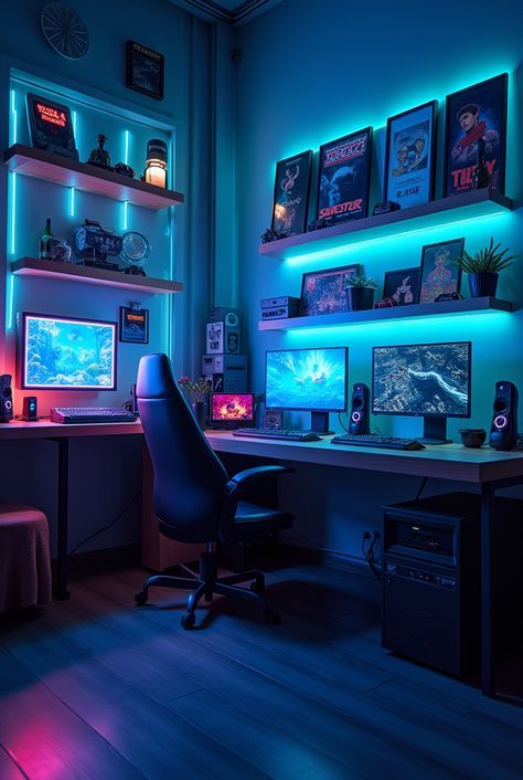 a computer desk with two monitors on it in a room lit up by neon lights