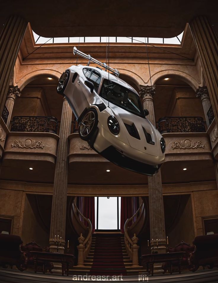 a car is flying through the air in front of a building with stairs and windows