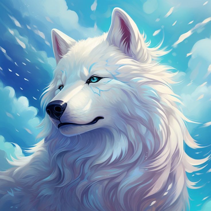 a painting of a white wolf with blue eyes