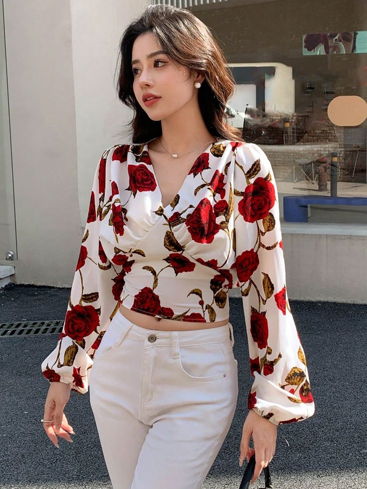 Floral Print Lantern Sleeve Crop Blouse Valentine Valentine's Day Red Boho  Long Sleeve Fabric Floral Top Non-Stretch  Women Clothing, size features are:Bust: ,Length: ,Sleeve Length: Printed Crop Top, Birthday Tops For Women, Crop Top Sleeves Design, Long Tops Designs For Jeans, Satin Top Design, Elegant Red Tops With Floral Embroidery, Cute Red Tops With Floral Embroidery, Red Tops, Long Sleeve Red Blouse With Floral Print