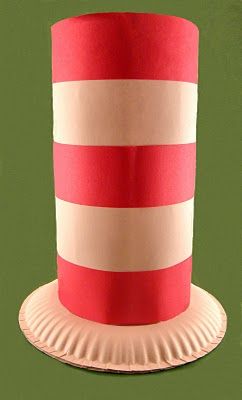 a paper plate with a red and white striped top hat on it's side