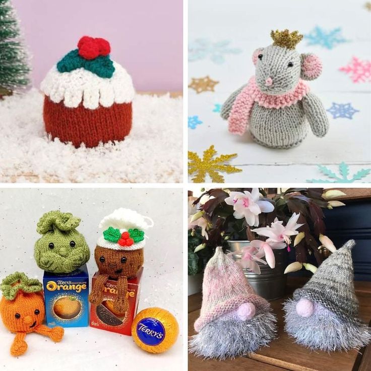 four different knitted christmas hats and toys in the shape of animals, snowflakes and trees