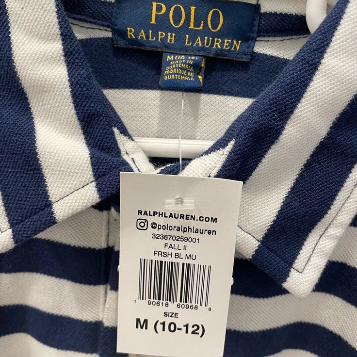 New With Tags, Long Sleeve Striped Polo Shirt Ralph Lauren Polo Collar Tops For Spring, Summer Preppy Ralph Lauren Tops, Ralph Lauren Preppy Summer Tops, Ralph Lauren Spring Polo Collar Top, Ralph Lauren White Preppy Tops, White Preppy Ralph Lauren Tops, Preppy Navy Cotton Top, Ralph Lauren Preppy Short Sleeve Top, Preppy Blue Polo Collar Top