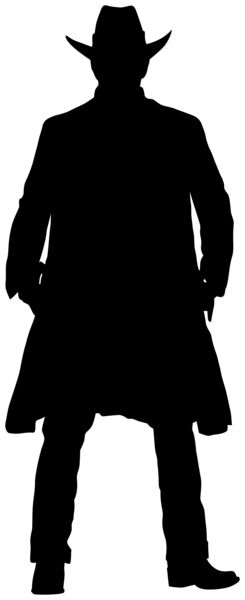 the silhouette of a man in a long coat and cowboy hat with his hands on his hips