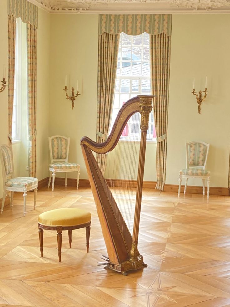 a harp sitting on top of a hard wood floor in a room filled with furniture