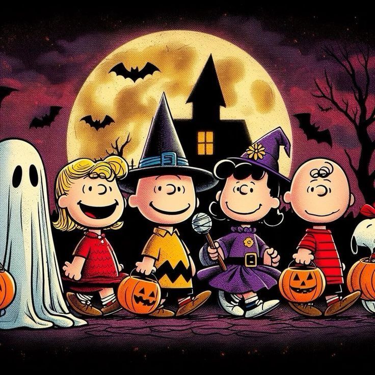 the peanuts gang in front of a halloween scene with pumpkins and jack - o'- lanterns