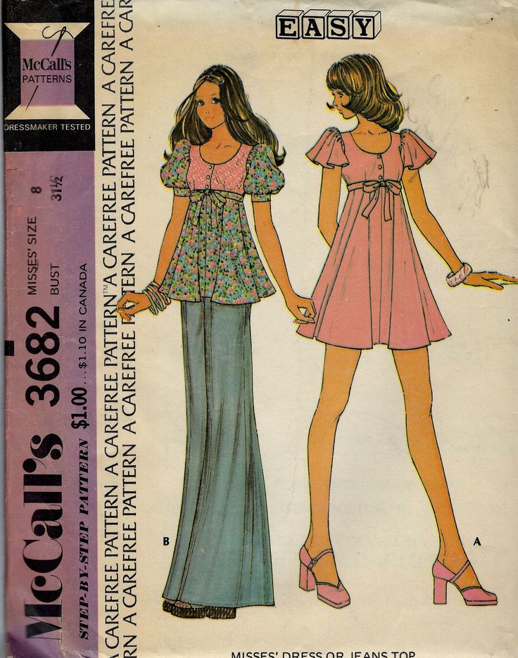 "High waisted, button trimmed dress or top has back zipper and belt.  Top B has sleeves gathered into bands. Possible maternity top or dress.  Purchased pants.  Pattern is uncut, factory folded, complete with instructions.  The envelope has shelf wear.   Size: 8 Bust: 31.5\" Waist: 24\" Hips: 33.5\"" 1970s Sewing Patterns, Baby Jane, Vintage 1973, Top Sewing, Twirl Skirt, Vintage Dress Patterns, 1970s Fashion, Dress Sewing, Moda Vintage