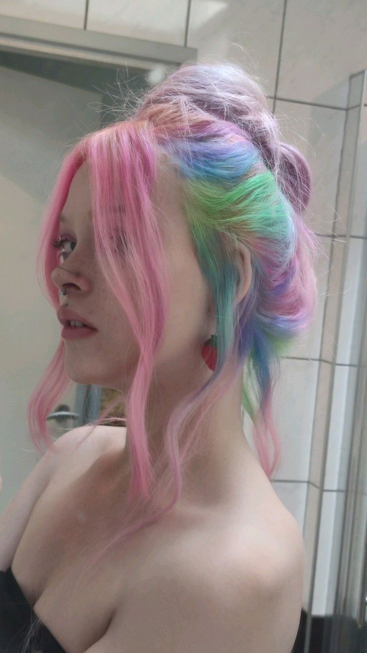 Express Yourself | Unique Hair Color Ideas for Brunettes - summer hair color 2024 Pink Purple Pastel Hair, Pastel Color Hair Ideas, Pink And Rainbow Hair, Pink Rainbow Hair, Pastel Hair Aesthetic, Rainbow Hair Aesthetic, Pastel Rainbow Hair Color, Pastel Pink And Purple Hair, Hair Rainbow Color