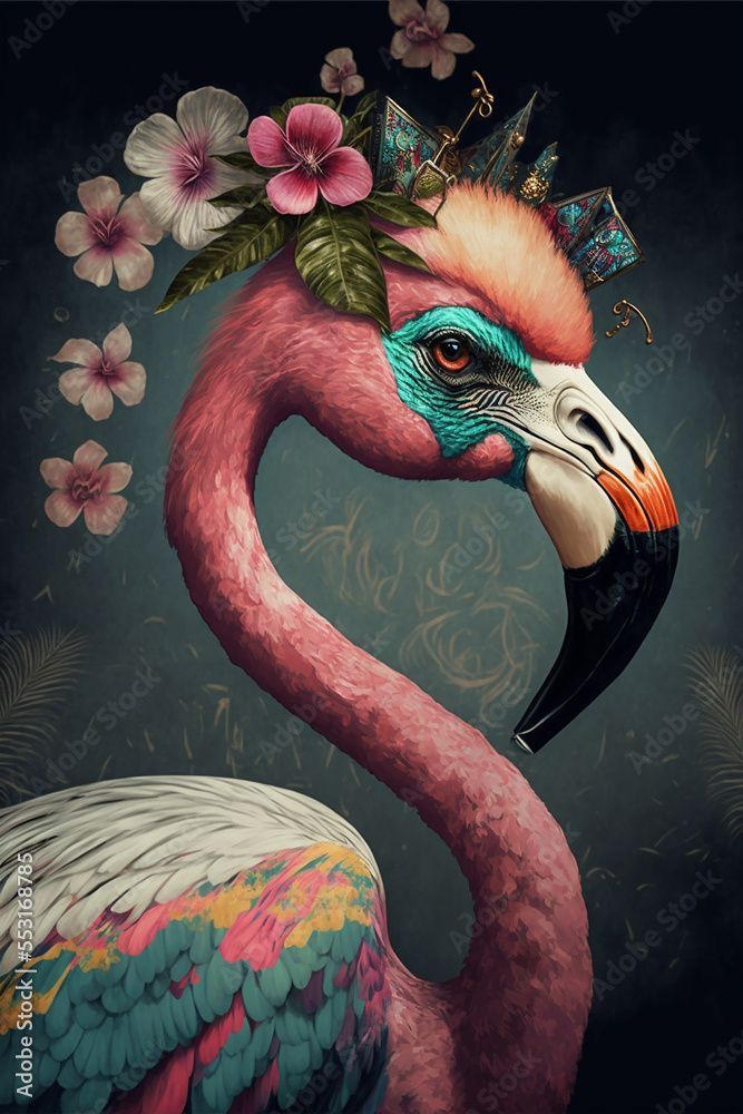 a flamingo with a crown on its head and flowers in it's beak