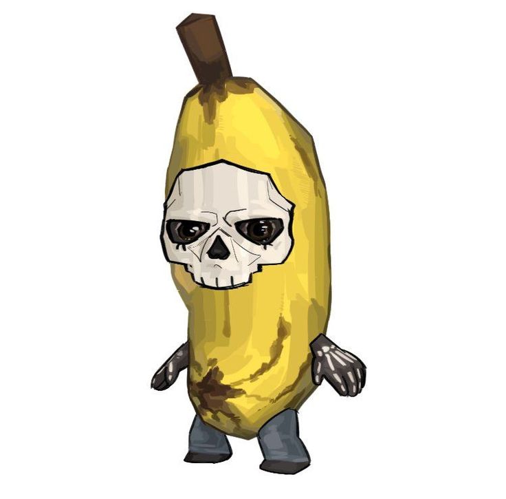 a cartoon banana with a human skull on it's face and arms, standing upright