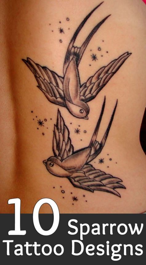 the back of a woman's stomach with two birds on it and stars in the sky